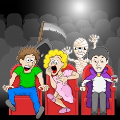 couple is watching a horror movie movie in a cinema